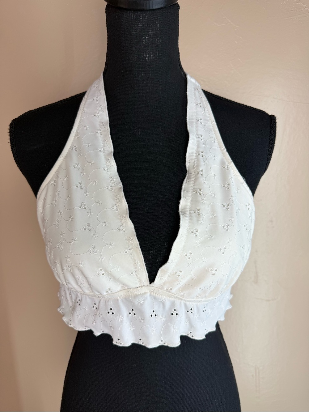 Vintage Y2K White Lace Eyelet Ruffle Halter Swim Top - Size Large Xhilaration